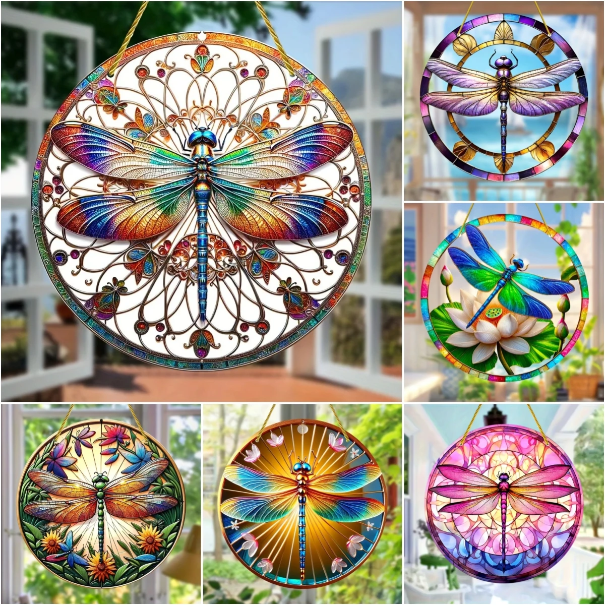 Acrylic Dragonfly Suncatcher -2D Round Wall Art Translucent Stained Window Hanging, Perfect for Home Room Garden Yard Shop Decor