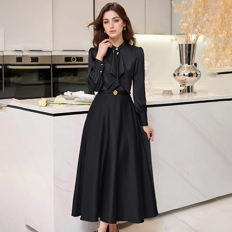 ZJYT Women\'s Elegant Long Sleeve Midi Dress Spring 2024 Fashion Office Lady Aline Casual Dress Green Black Vestidos Para Mujer