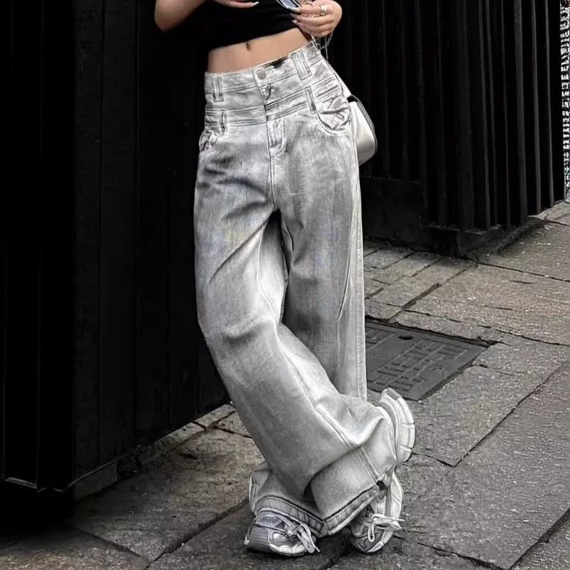 US Oversize Water Washed Rubbing Color Technique Denim Pants Women High Street Straight Wide Leg Loose Flared Long Trousers