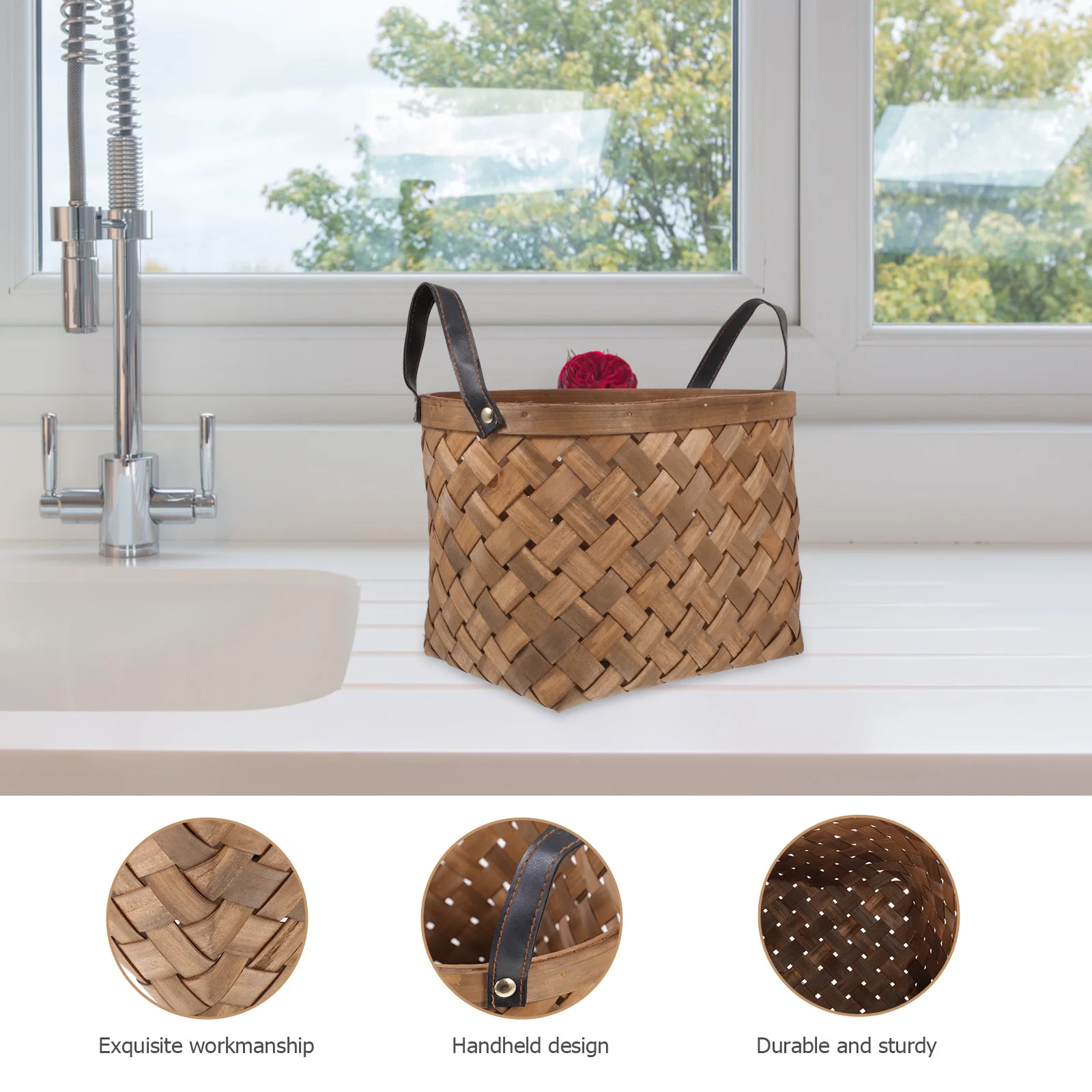 

1Pcs Simple Woven Basket Natural Handcrafted Storage Container Portable Outdoor Picnic Basket for Flowers Fruits and Daily