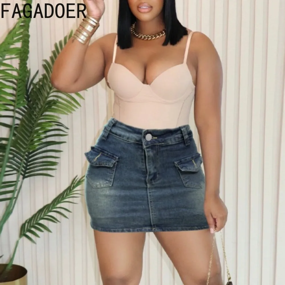 

FAGADOER Retro Denim Skirts Women Side Pockets Mini Skirt Preppy High Waist Aesthetic Bodycon Hip-package Skirt Party Clubwear