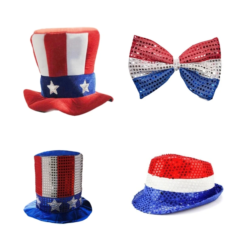 Amusement Park US Flags Hat with Sequins Bowtie Universal Men Vintage Hat Party Flat Top Bonnet Men  Hat