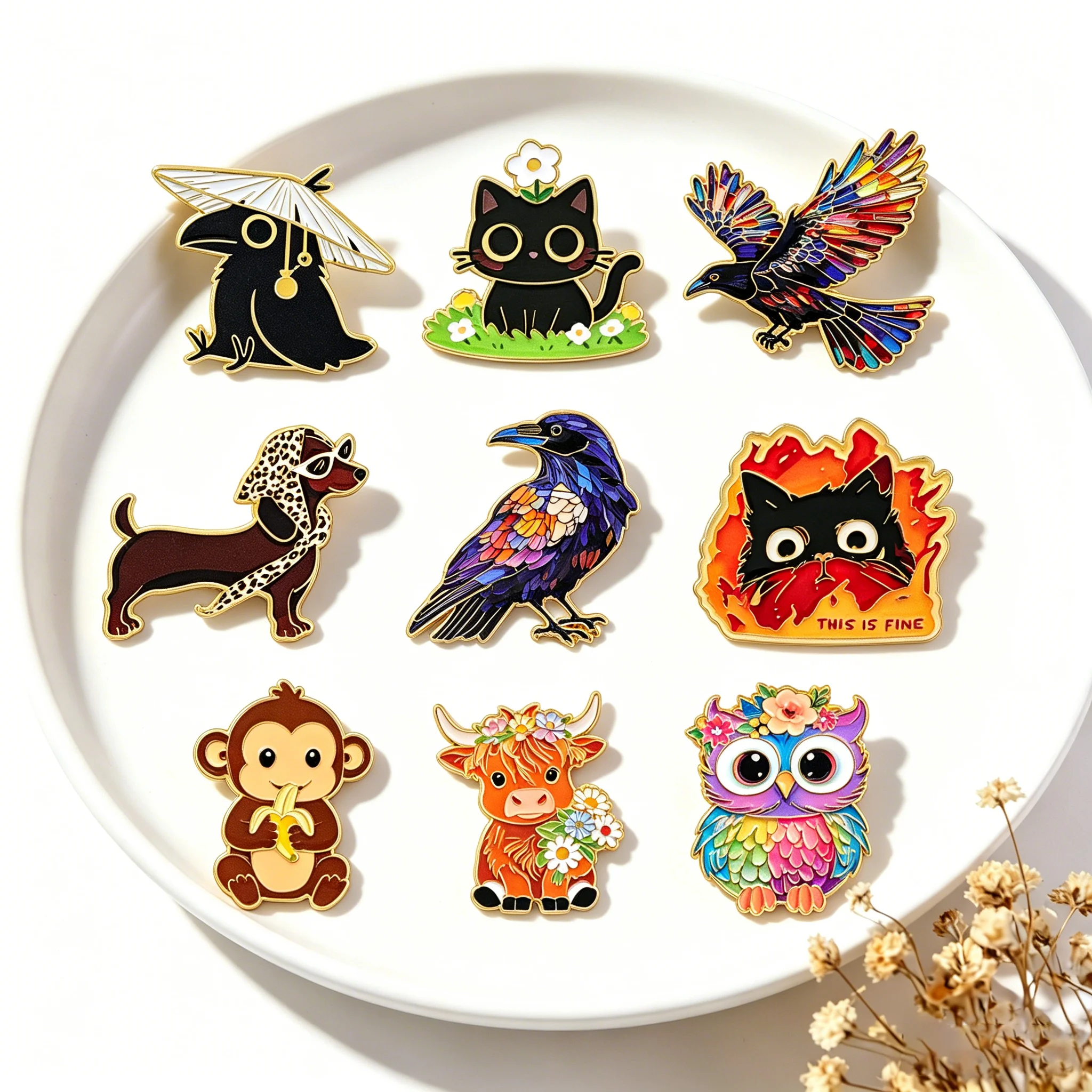 

Crow Cat Dachshund Monkey Owl Enamel Pin Animal Badges on Backpack Cartoon Brooches Hat Lapel Pins Cosplay Accessories Toys Gift