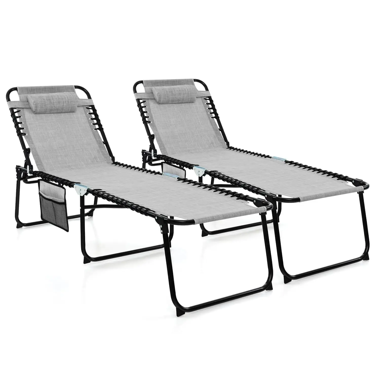 Outdoor Folding Lounge Chair Set 2 w/Headrest, 4 Adjustable Positions, Side Pocket, Camping Pool Sunbathing, Grey, Customized