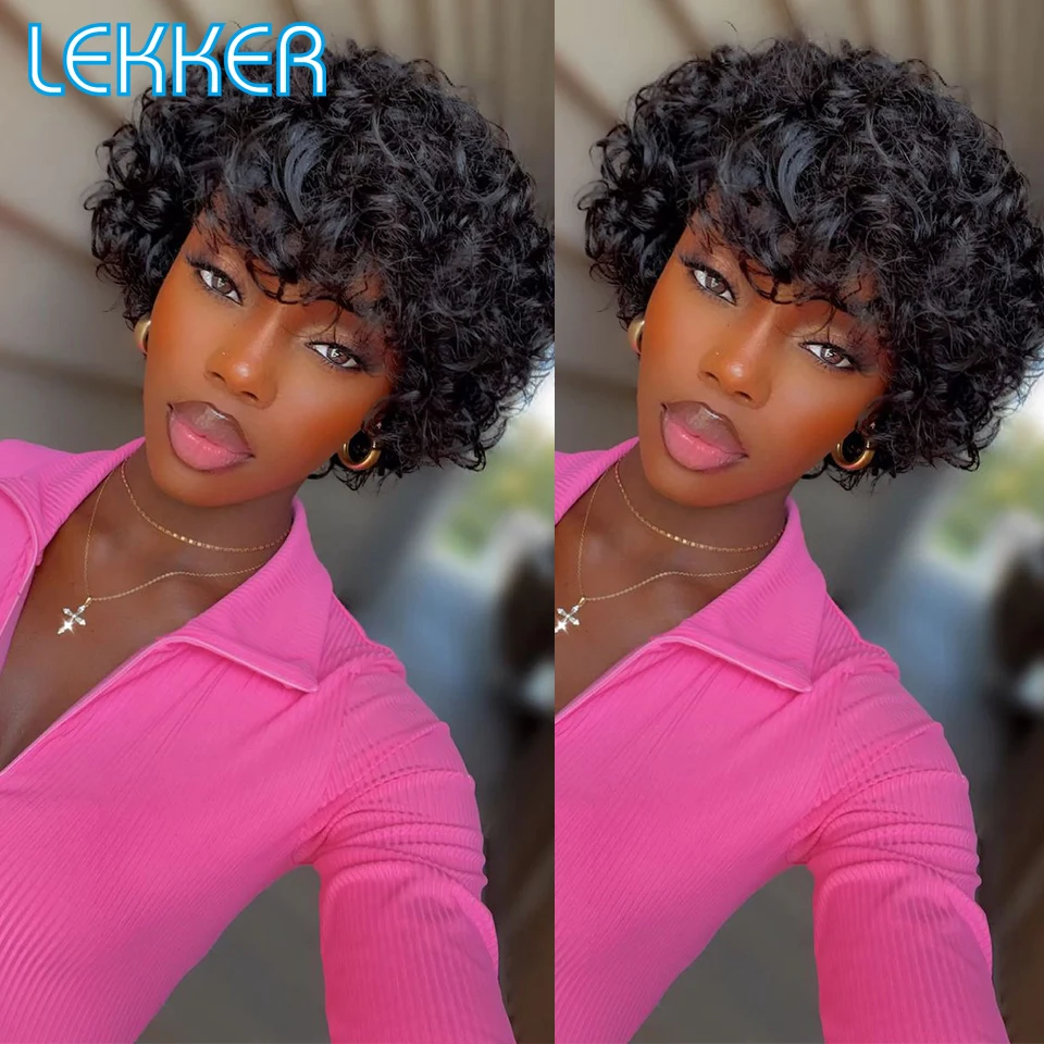 Lekker Court Pixie Cut Kinky Curly Bob avec une frange Perruques de Cheveux Humains Pour Les Femmes Noires Brésiliens Remy Cheveux Naturel Foncé Non