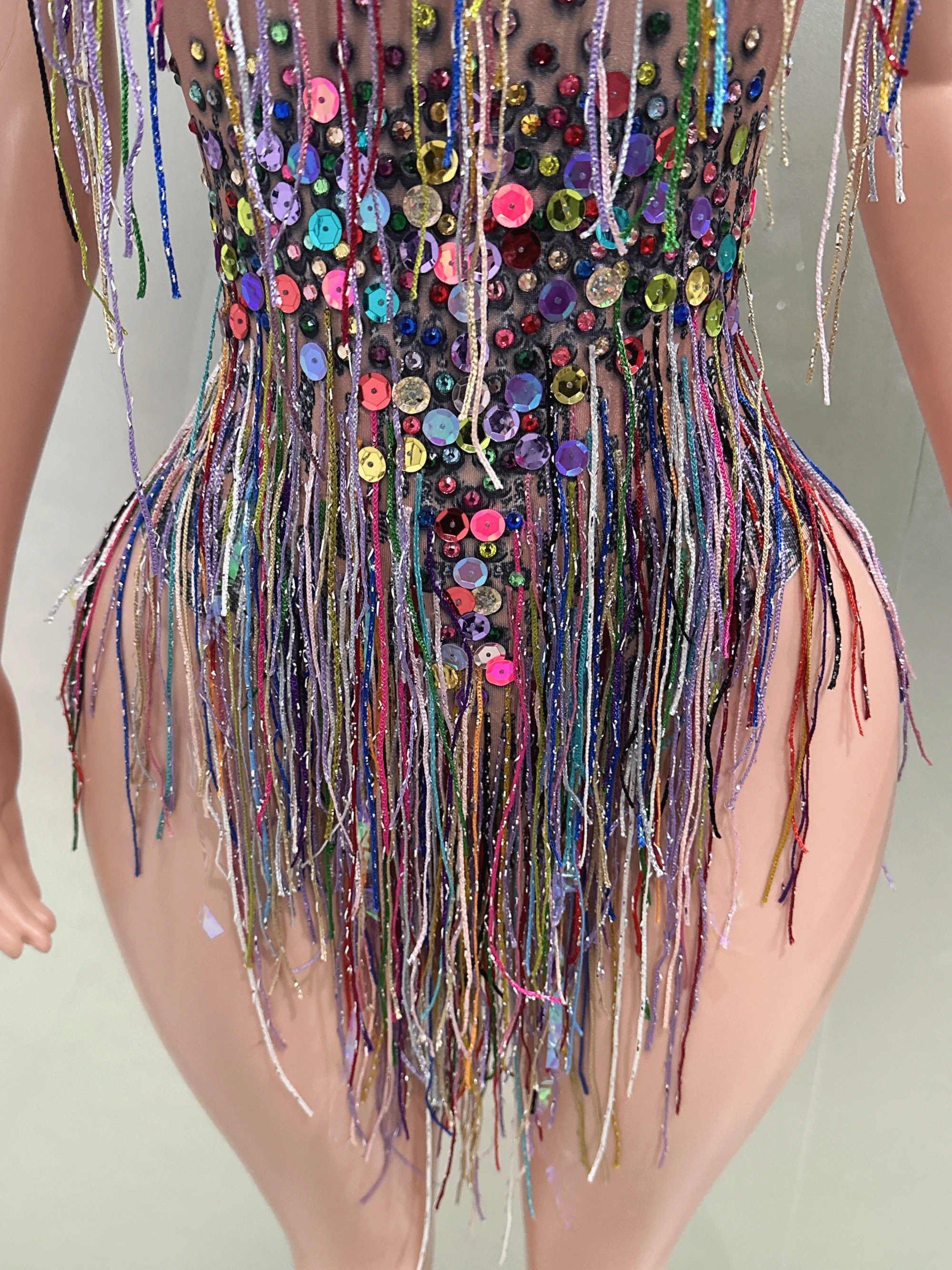 Colorful Tassels Sequins Sexy Sleeveless Sheath Bodysuit Evening Party Nightclub Dancer Perfprmance Costume Stage Wear