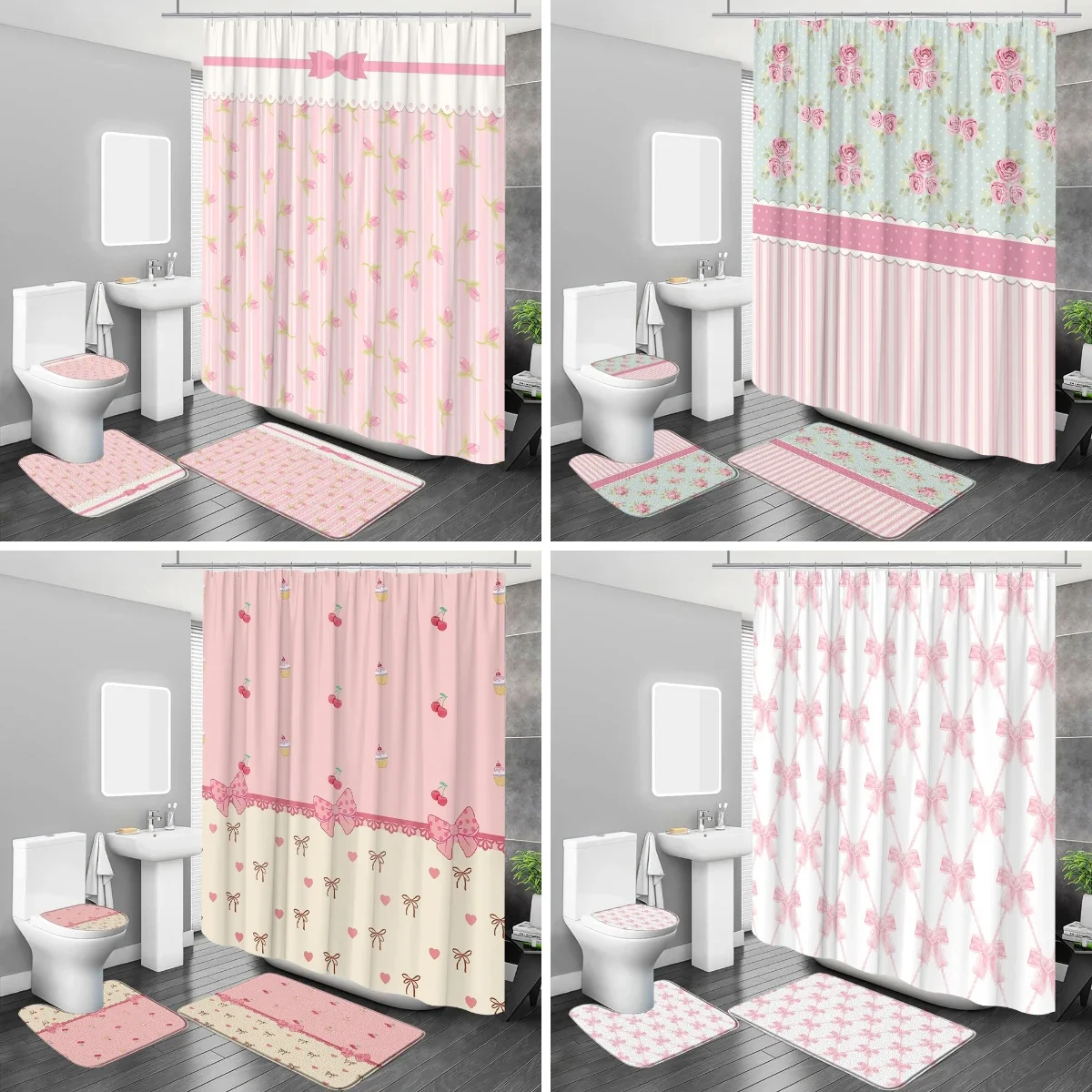 1/4 Pcs Cute Bow Shower Curtain Set Modern Simple Plaid Love Heart European Lace Bathroom Decor Toilet Cover Carpet With Hooks