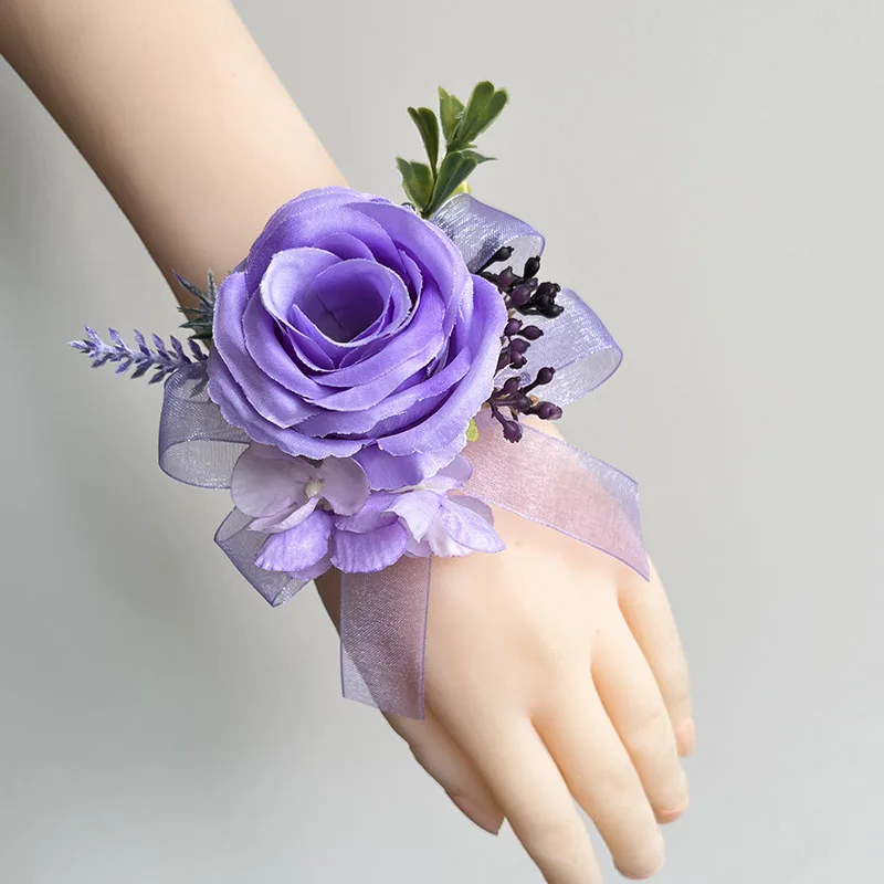 Purple Corsage Boutonniere Wedding Accessories Buttonhole Flowers Girlfriend Lavender Artificial Roses Prom Boyfriend Decoration