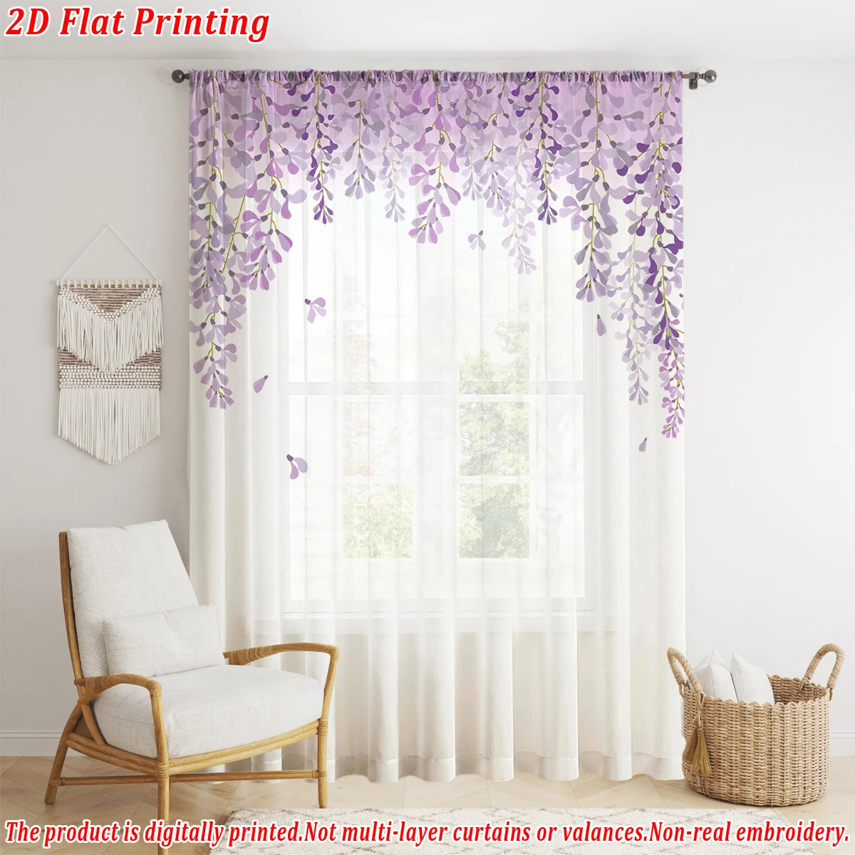 Wisteria Flat Printing Sheer Curtain，Light Fabric，for Living Room Bedroom Home Door and Window Decor