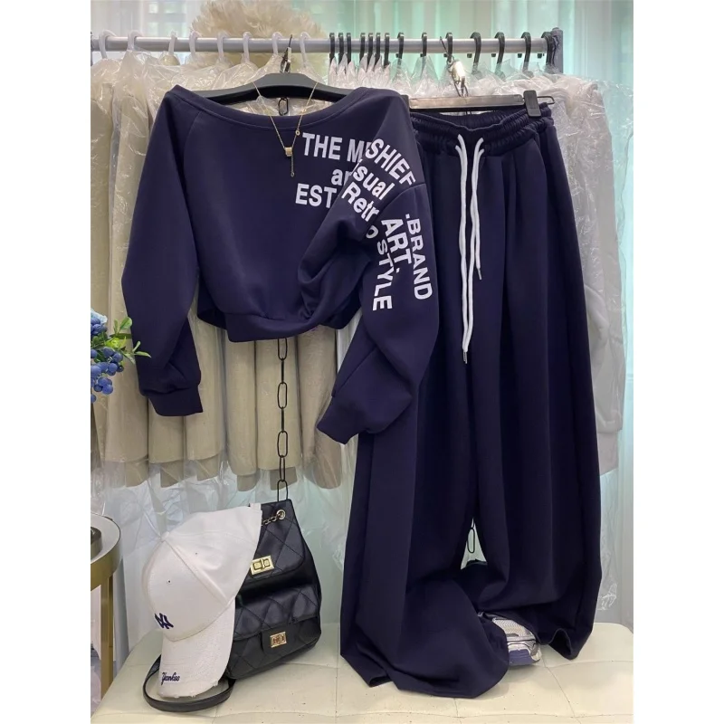 

Korean Style Fashion High Street Short Sleeve Shoulder Bared Letter Print Sweatshirt Wide Leg Pants Casual Two Piece Set for ...