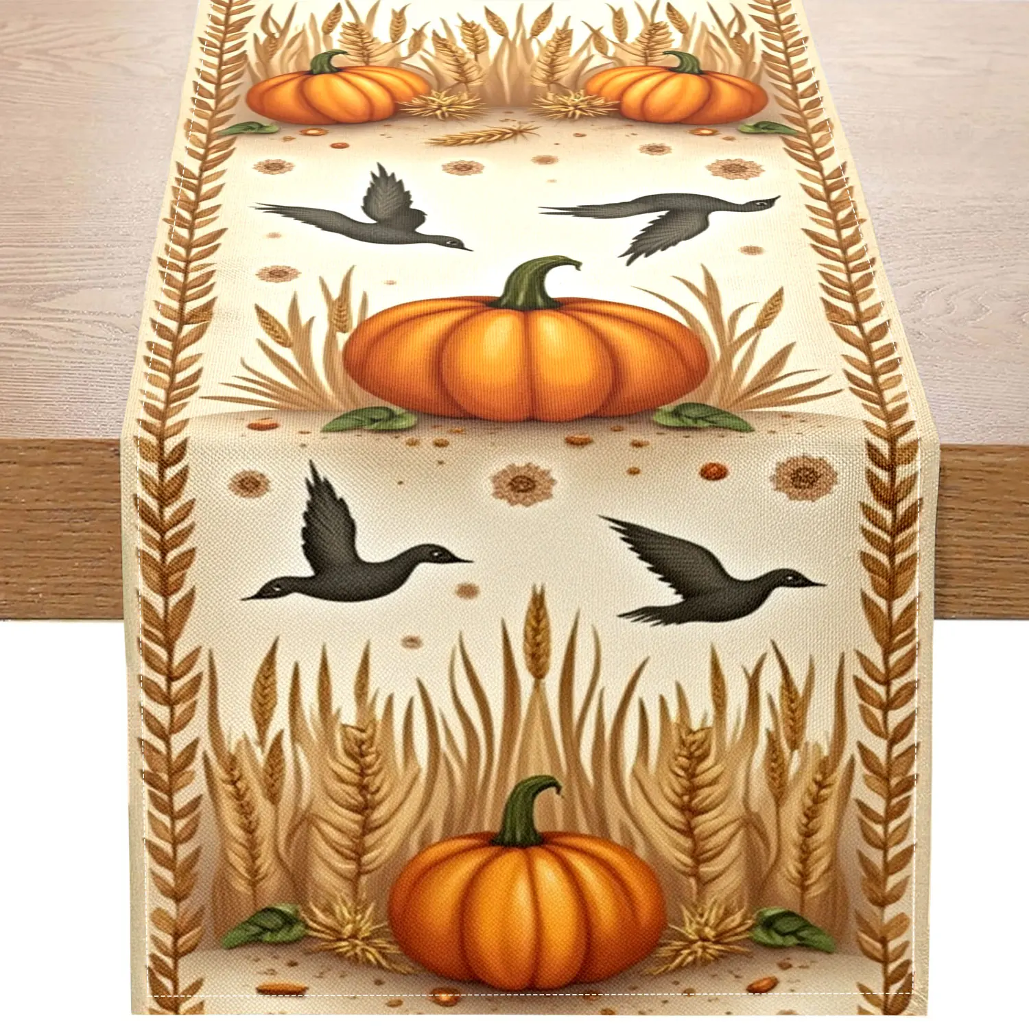1 Piece of Autumn Harvest-Themed Table Runner with Scarecrow, Pumpkin, and Bird Patterns, Suitable for Thanksgiving, Pastoral-Style Home Decoration
