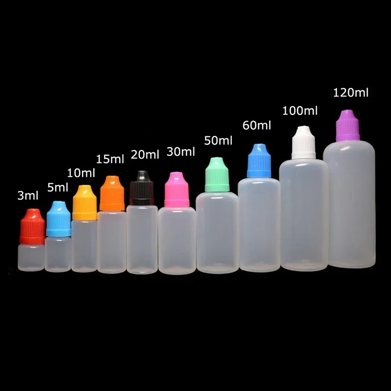 5pcs 3/5/10/15/20/30/50/60/100/120ml Plastic eliquid Vape Juice Dropper Bottles Soft PE with Childproof Cap with 1 Funnel