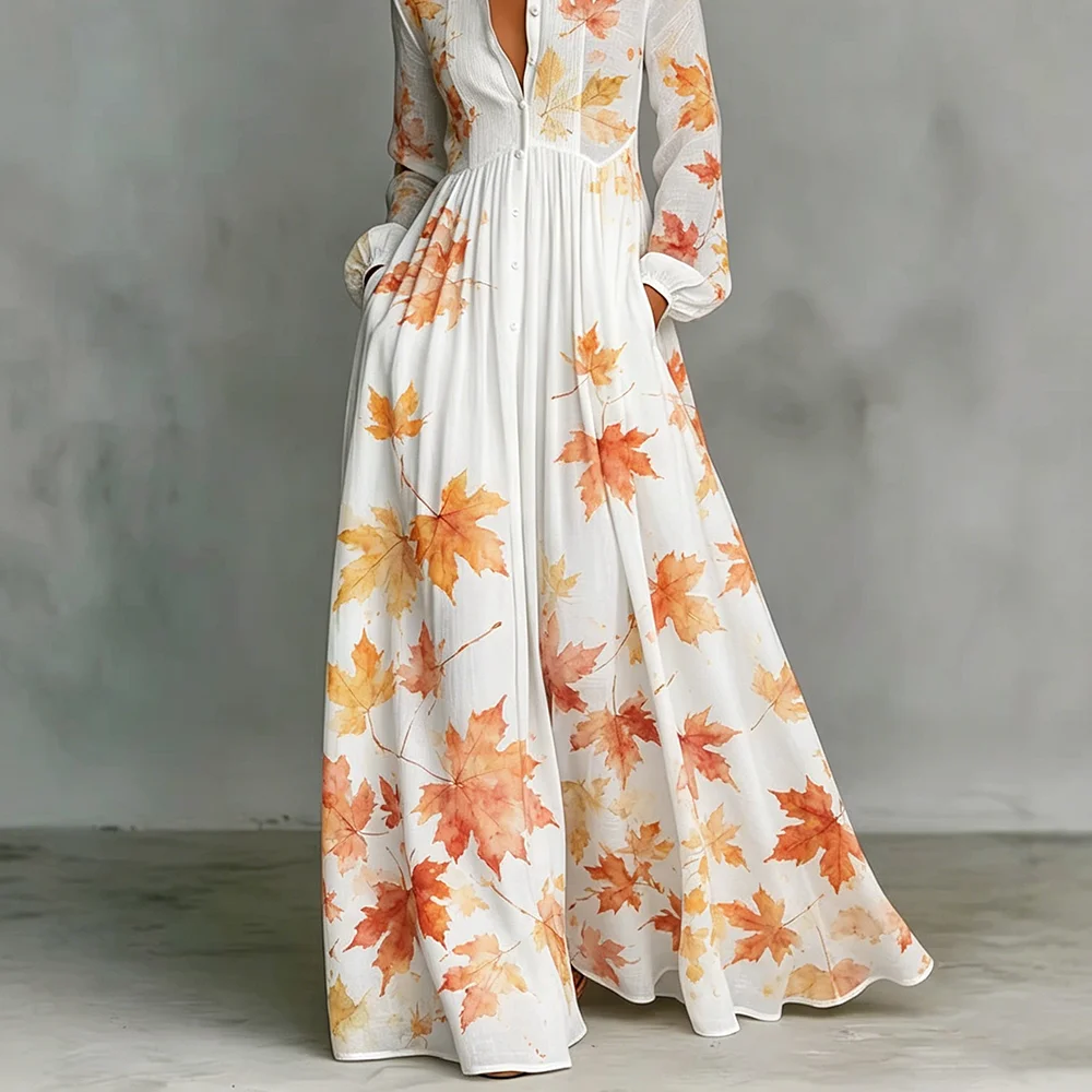 Women's Watercolor Maple Leaf Print Maxi Dress Chic Long Sleeve Stand Collar Casual A-Line Dress With Pockets For Autumn