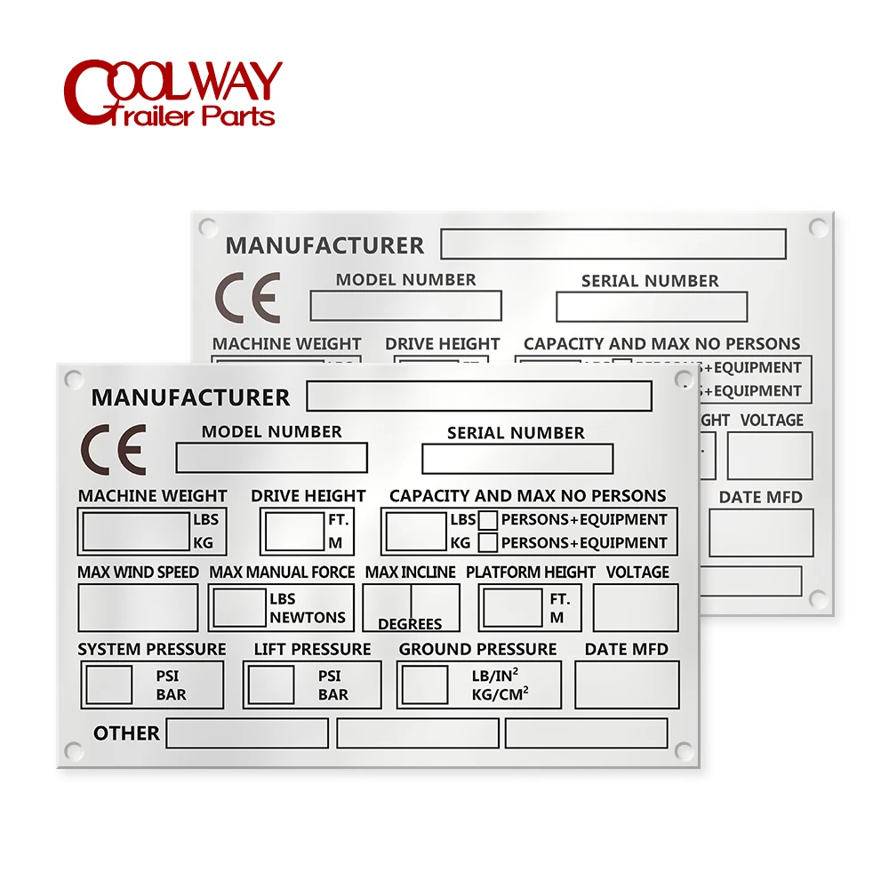Blank or Engraved Aluminum Cherry Picker Scissor Trailer Lift Skyjack Plate ID Tag SN Number GVW AXLE Camper Parts Accessories