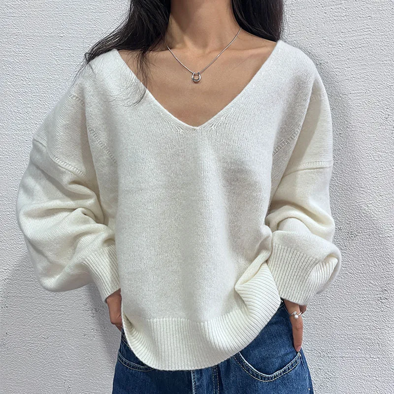 100% Wool Oversized Sweater Women Sexy V-Neck Long Sleeve Tops Chic Streetwear Pullover Knitwear Keep Warm In Aumtun Winter