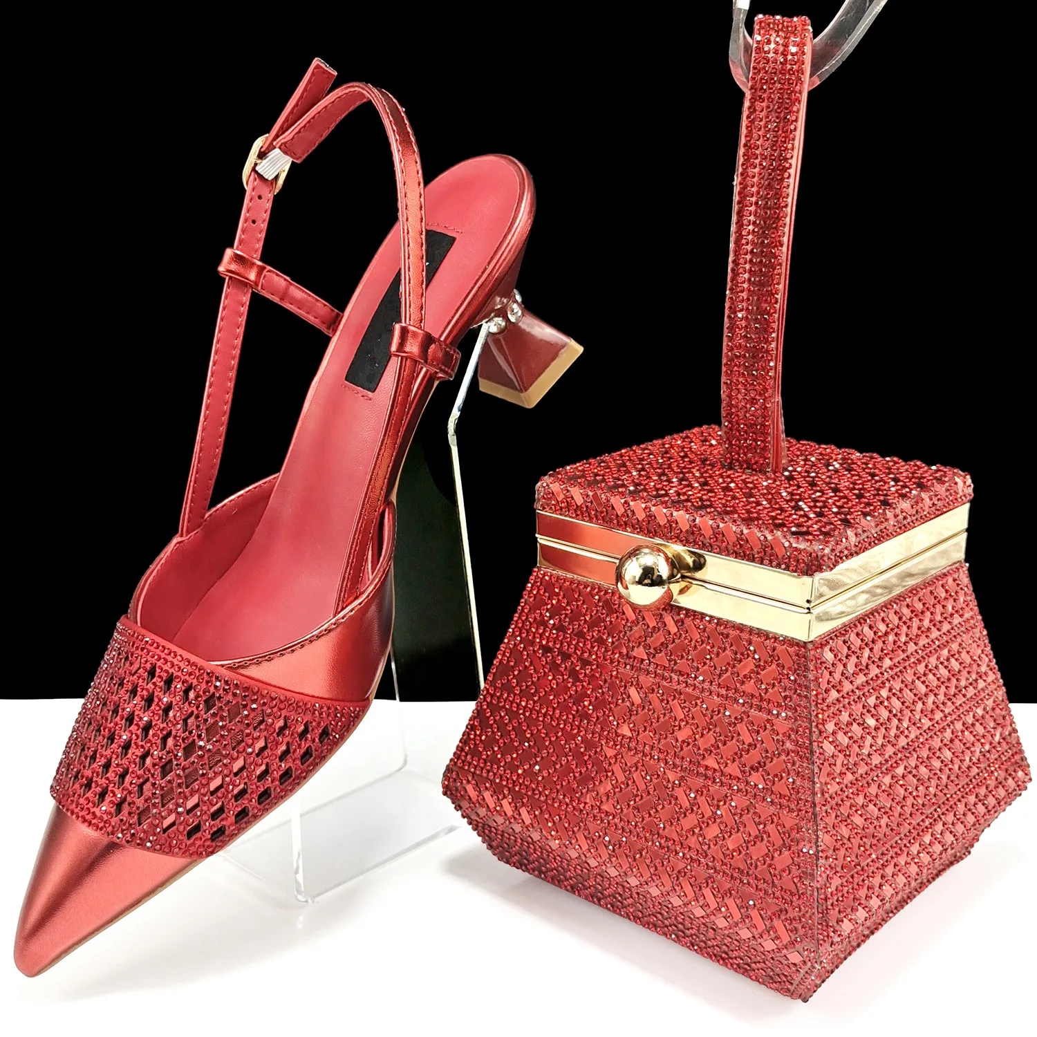 

Gorgeous Red Women High Heel 6CM Shoes Match Crystal Handbag African Pumps And Bag Set QSL097