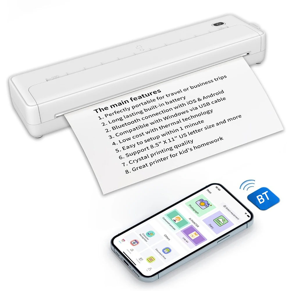 A4 Printer termal portabel 203DPI Bluetooth nirkabel kompatibel Printer perjalanan seluler tanpa tinta kompatibel dengan ponsel pintar & PC
