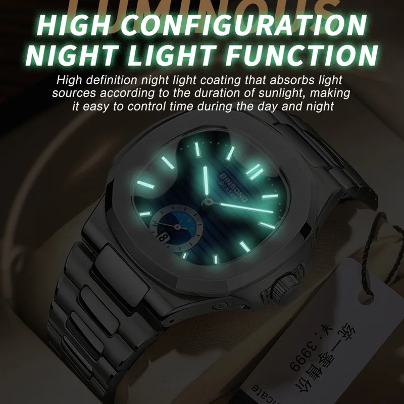 BINBOND Top Brand Luxury Casual Quartz Watch Fashion Square Dial Stainless Steel Calendar Luminous Waterproof Male Clock