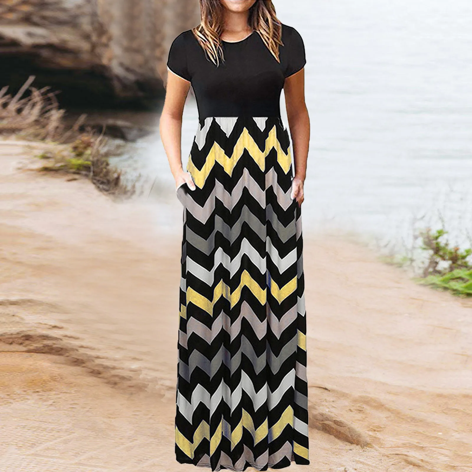 Plus Size Summer Casual Dresses Women Color Block Stripe Beach Long Maxi Dress with Pockets Slim Short Sleeve O Neck Dress