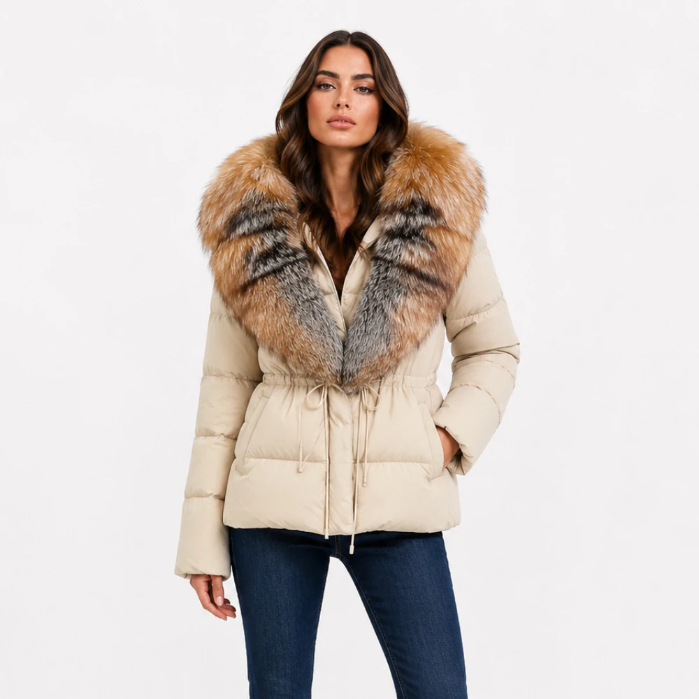 OFTBUY Jaqueta de Pele com Gola de Pele Natural, Casaco Feminino de Inverno com Capuz Quente de Pena de Pato, Casaco Feminino de Pele de Raposa, Jaqueta Puffer Feminina de Pele Natural de Guaxinim