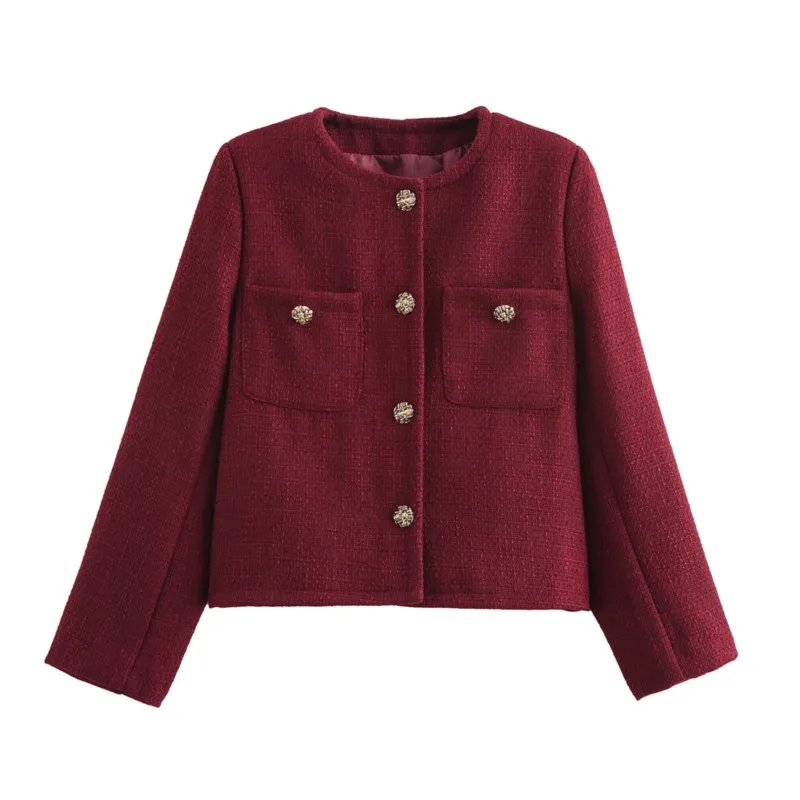 TRAF Metal button Short Jacket With Long Sleeves for Women Autumn Coarse spinning Pocket Decoration Jacket Female Jacket