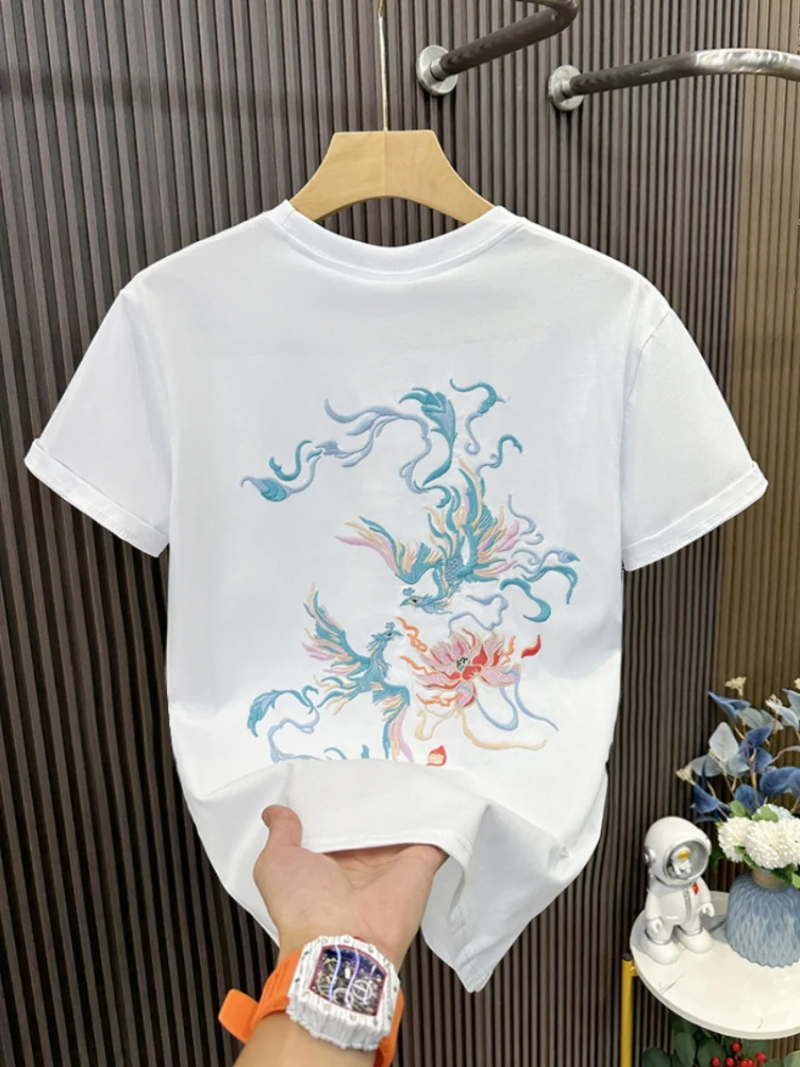 

Heavy Embroidery Phoenix Casual ort Sve T-irt Men Summer Couple Sle Trendy Brand Heavyweight round Ne Loose Top