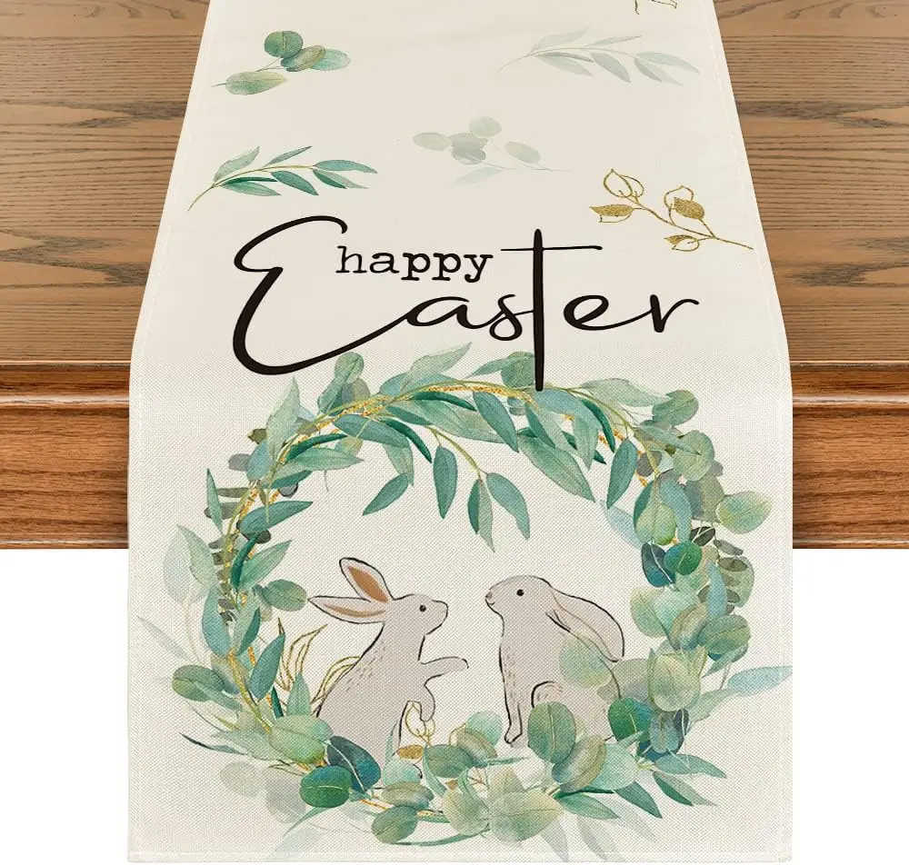 

Garland Eucalyptus Bunny Rabbit Happy Easter Linen Table Runner decor Seasonal Spring Dresser Scarf Kitchen Dining Table Decor