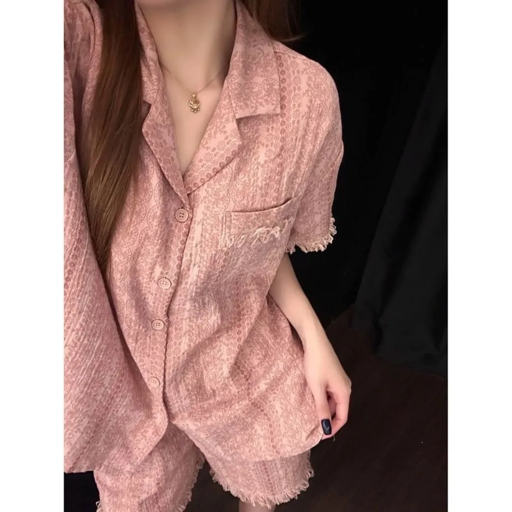 Lapel Pajamas for Women Nightwear Suit Summer Clothes Sleepwear Short Sleeve Top and Shorts Night Wear for Ladies Pyjama Set