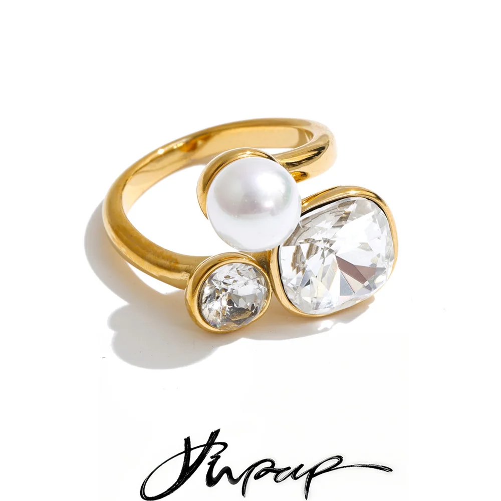Yhpup Stainless Steel PearlsCubic Zirconia Fashion Ring Prevent Allergy Metal Charming Aesthetic Finger Jewelry