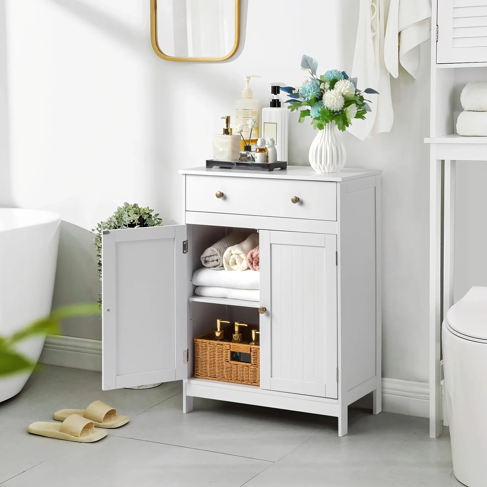 

Bathroom Storage Cabinet Set - Double Shutter Door Bath Vanity With Soft-Close Drawer, Space Saving Bathroom Furniture