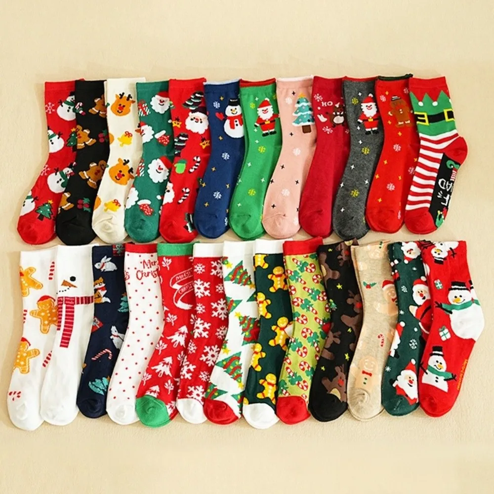 12pcs Soft Red Christmas Socks Snowman Santa Claus Crew Socks Elk Floor Sleeping Socks Festive