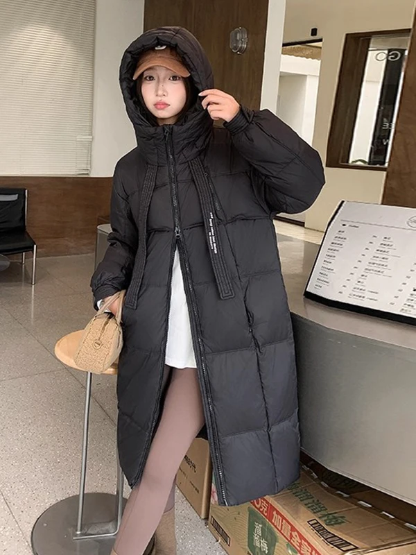 Black Hooded down Cotton Jacket Women's Long over Knee Small Size High End Feeling Outerwear Winter New Arrival Commute Style