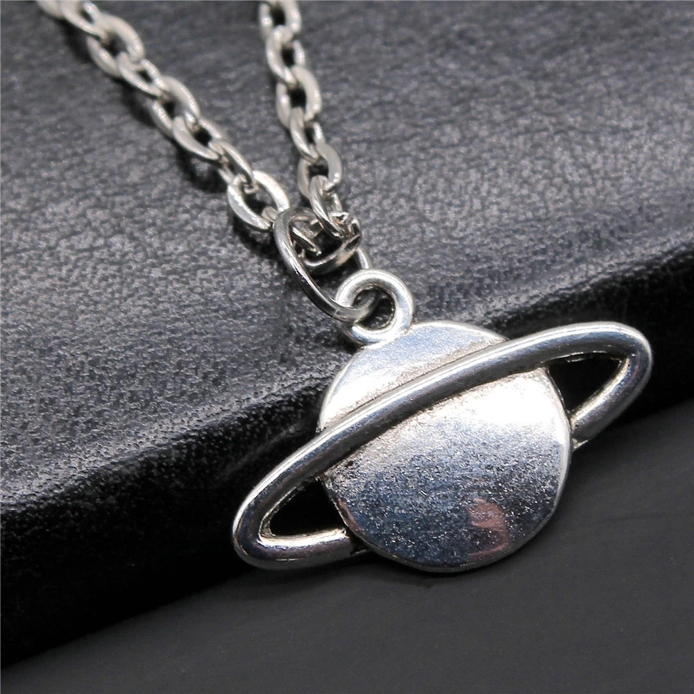 Fashion Antique Silver Color 22x15mm Planet Saturn Solar System Charms Pendant Necklace For Women Lady Girl Jewelry Gift