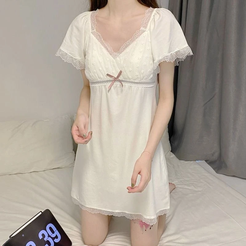 

Women's Summer New Simple Short Sleeved Dress Girls Sweet Ruffled Thin Solid Pajamas Home Wear