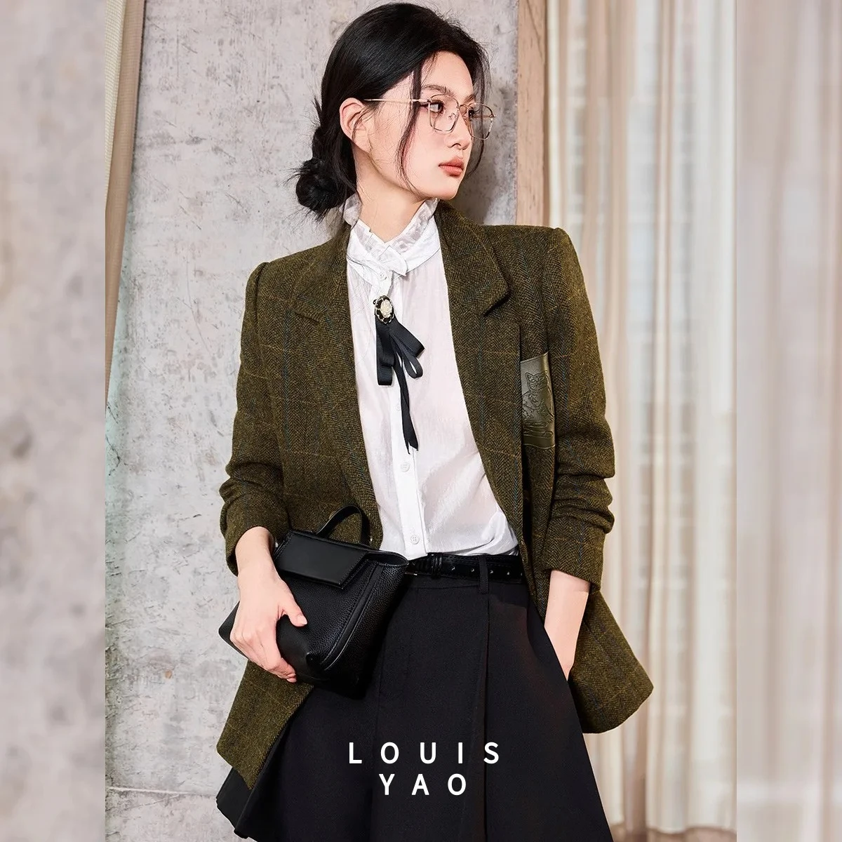 LOUISYAO Wool Blend Plaid Blazer Women 2025 Winter England Style Lapel Double Breasted Thick Suit Jacket Office Lady Outerwear