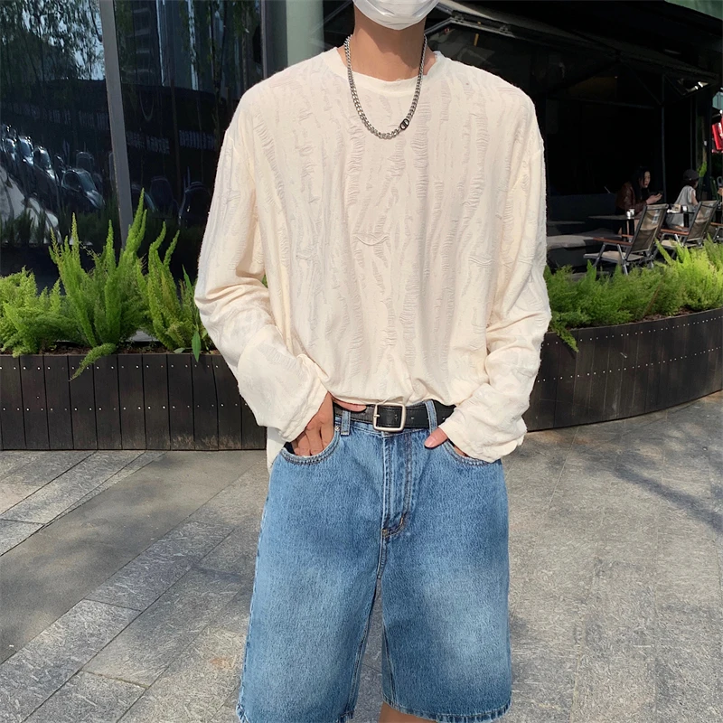 

Distressed Hole Autumn Spring Fashion Long Sleeve Men Plain Shirt 2023 New Oversized High Street Retro Top Japanese Streetwear