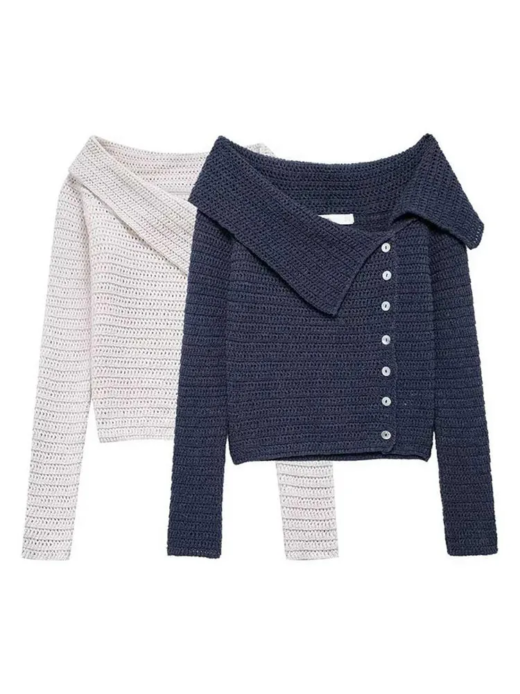 Women Elegant Solid Diagonal Collar Buttons Knitted Sweater Casual Long Sleeve Warm Pullover 2024 Autumn Lady Street Knitwear 