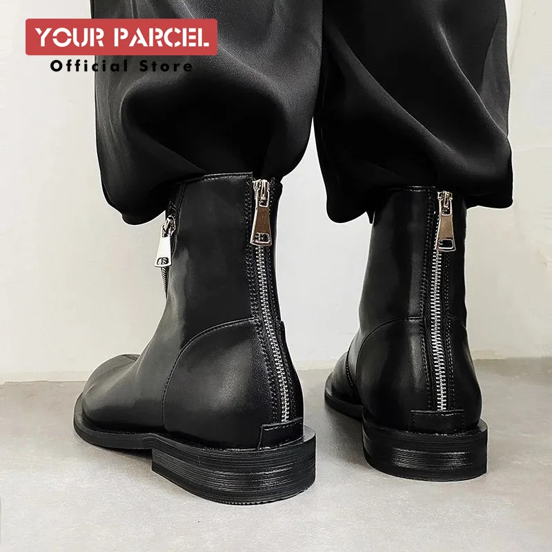 Chain design leather boots men's short boots motorcycle Korean version Mating boots round toe retro men's shoes