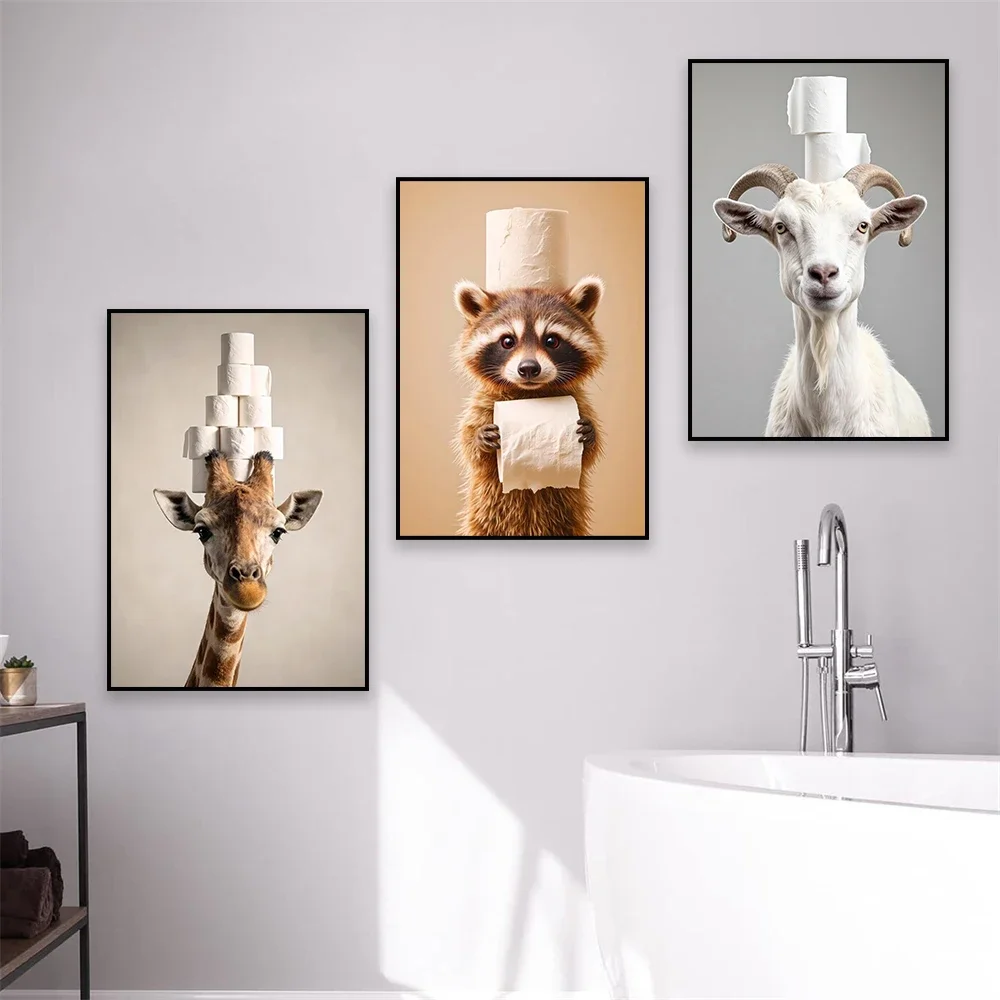 Canvas Painting Funny Bathroom Giraffe With Toilet Paper Roll On Head Print Vintage Animal Goat Humor Decoration Wall Decor