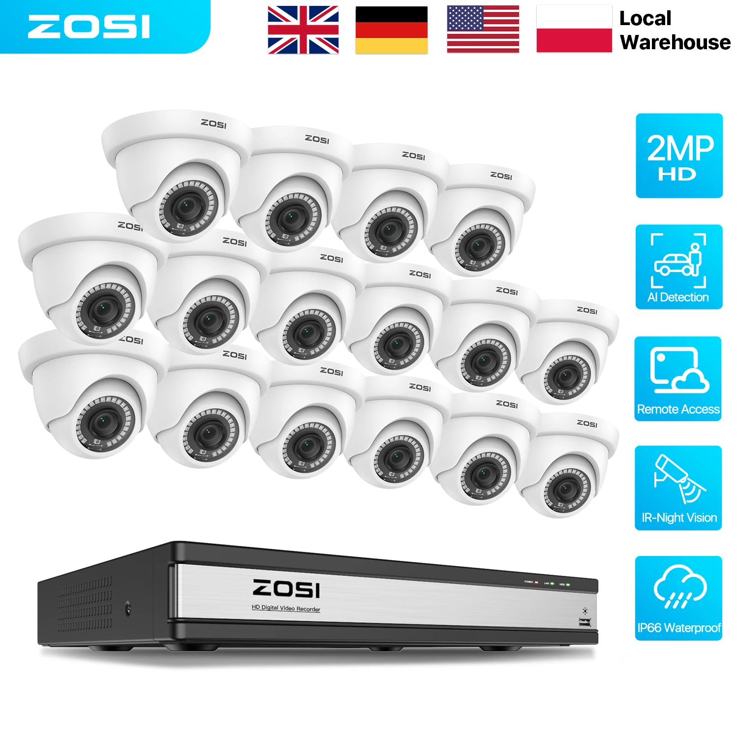 ZOSI 16-Channel 2MP Wired Security Camera System 1080p HD-TVI CCTV DVR for Outdoor Indoor Home Business Video Surveillance