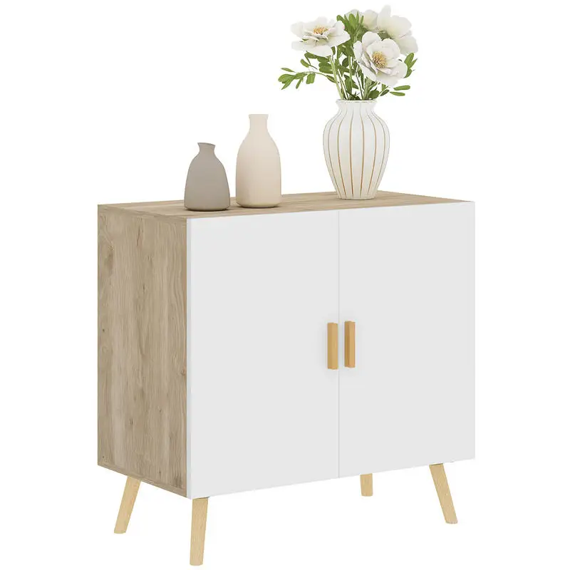 Mueble buffet con tiradores de bambú, estante ajustable, base elevada, 76 x 41,2 x 74 cm, blanco, madera natural