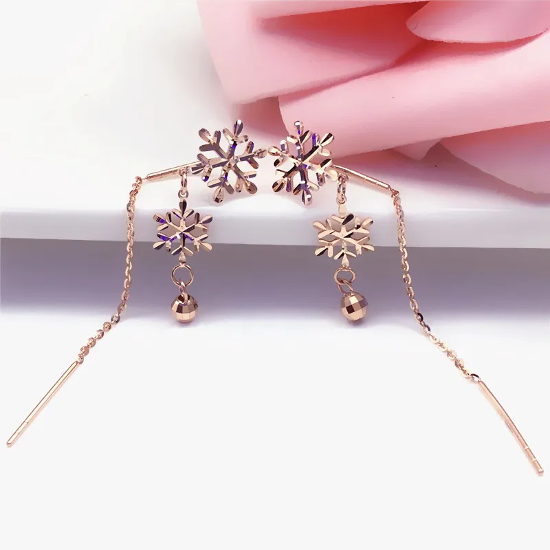 585 purple gold plated 14K rose gold long snowflake tassel drop earrings for women elegant and exquisite wedding high jewelry