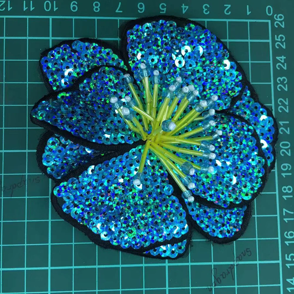 1 Piece 11*11CM Sequins Flower Sew on Patch, DIY Applique, Clothes, Bag Decoration, Blue, Red, White, Black, Rose red, Glue-free