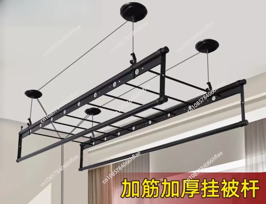 Heavy-Duty Manual Clothes Rack, 2.4m 4-Rod Ceiling Mount Design with 15 Towel Bars, Black for Large Household
