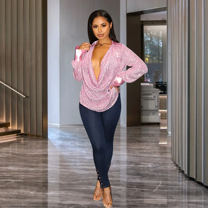 

2025 Autumn Shirts Summer Women's Tops Women's Summer Niche Deep V-Folded Long Sleeve Shirts Wholesale Plus Size 3XS-3XL