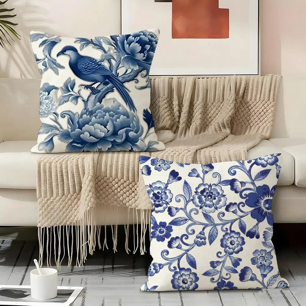 Blue & White Chinoiserie Cushion Cover Natural Linen Organic Fabric Double-Sided Printing Sofa Home Decor Gift Pillow Cover