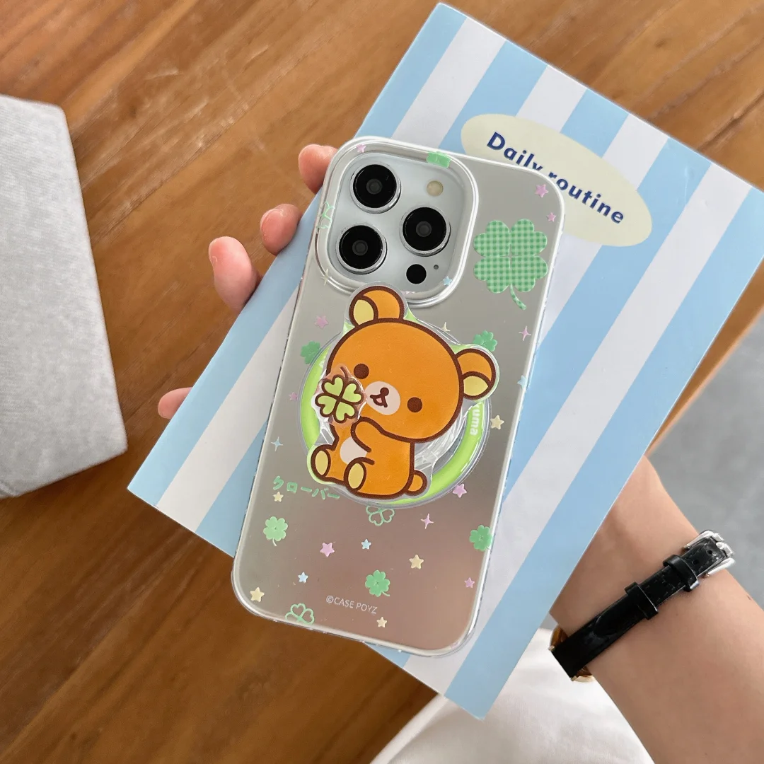 

Magnetic shell luck four leaf clover bear phone case and rotating magnetic bracket for iPhone 11 12 13 14 15 16 pro max