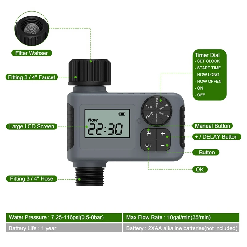 Elektronische tuinwatertimer met LCD-scherm Slang met enkele uitlaat Irrigatiecontroller Efficiënt waterbeheertool NH3/4”