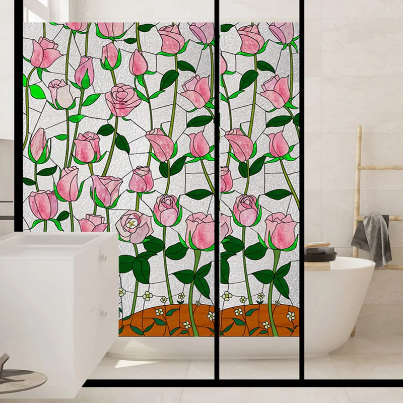 Vintage Pink Rose  Window Film Non-Adhesive Static Cling Decals Glass Covering Sliding Door Bathroom Stickers Decor