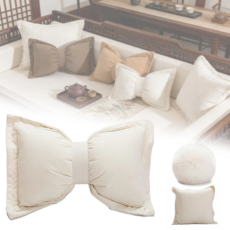 

1PC Cute Bow Pillow Soft Plush Cushion Cover Solid Color Decorative Pillowcase for Living Room Bedroom Tatami Chair Home Decor